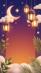 A dreamy and illuminated festive background, rendered in a charming 3D illustration style, featuring ornate hanging lanterns casting a warm, soft glow against a gradient night sky. A serene crescent m