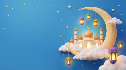 A enchanting and whimsical 3D rendered illustration features a beautifully stylized golden architectural structure with domes and slender towers, subtly illuminated and resting atop soft, fluffy white