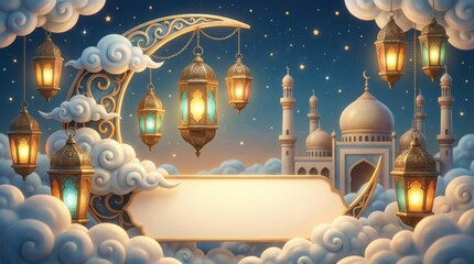 A enchanting nocturnal scene unfolds with ornate, glowing lanterns suspended from a golden, stylized crescent moon amidst a blanket of fluffy, dreamlike clouds. A starry twilight sky provides a serene