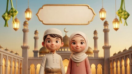 A heartwarming 3D animated illustration showcases two adorable children, a boy and a girl, dressed in traditional attire, standing with cheerful expressions. They are set against a magnificent archite
