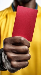 Close up of football referee hand showing red card on white background. Vertical shot of soccer judge giving penalty signal for dismissal or violation