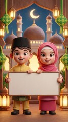 A heartwarming 3D rendered illustration features two cheerful cartoon children, a boy in a traditional yellow outfit and a black cap, and a girl adorned in a pink headscarf and dress. They stand side-