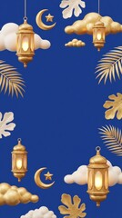 A luxurious and elegant 3D rendered background features ornate golden lanterns glowing softly, gracefully suspended amidst a striking royal blue sky. Stylized golden and white clouds, along with shimm