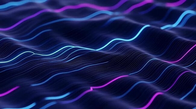 Abstract Glowing Blue and Purple Wavy Lines Representing Digital Data or Sound Waves