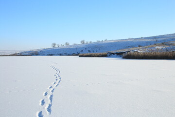 A snowy field with a hill in the distance