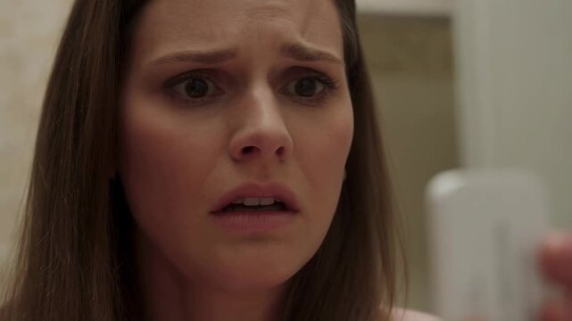 Woman looking shocked and distressed while checking her reflection in a mirror. A moment of self-reflection revealing inner turmoil and emotional struggle