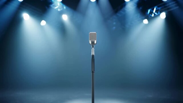Spotlight on a vintage microphone in an empty stage setting. Represents the anticipation of live performances and the power of music