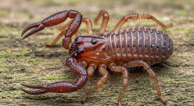 Close up of a pseudoscorpion on a natural surface shwing microscopic arthropod details. 