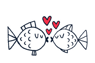 Cute hand drawn fish couple in love. Best for Valentine's day greeting card. Vector doodle illustration isolated on white.  
