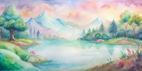Fototapeta premium Watercolor landscape of serene lake and mountains with pastel sky, tranquil nature scene