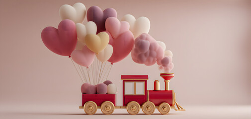 a toy train tied with pink heart shape balloons. 3D render. perfect for conveying feelings of love and joy. Romantic and cute Valentine's Day concept .