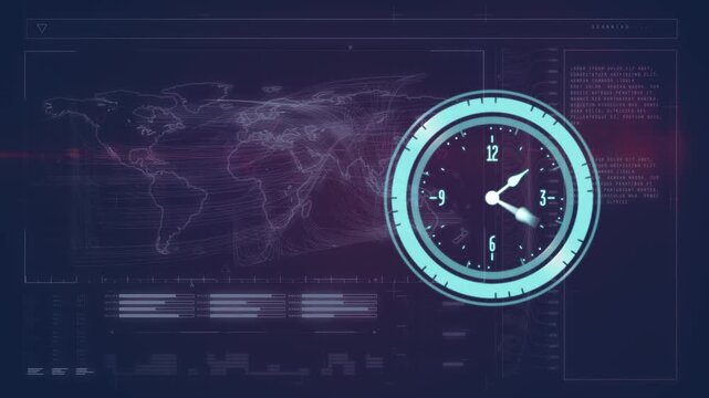 Animation of clock data processing and map on navy background