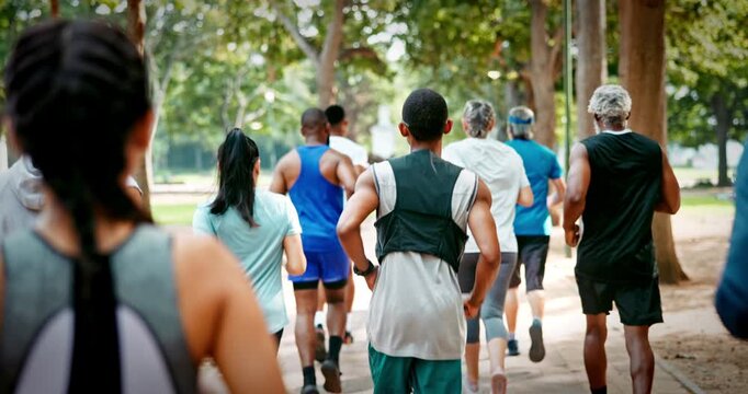 Fitness, athlete group and running at park for marathon practice, endurance challenge and workout. Runner club, back of people or jog together in nature for pace training, cardio exercise or wellness