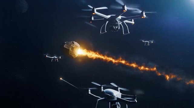Drone perspective observing a giant meteoroid entering the atmosphere with a glowing plasma tail, 8K.