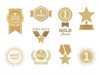 Realistic medal collection. Award golden medals 3d vector realistic illustration. Medal icon set. First place medals or buttons 