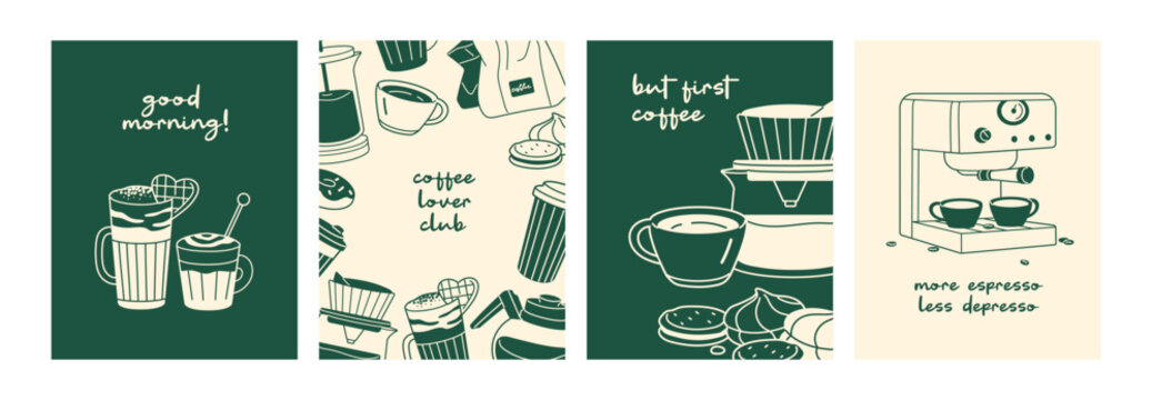 Designs of greeting cards with coffee set. Templates of cute postcards with cups of coffe, cofee machine and coffeehouse items. Layout with coffeeshop drinks and desserts. Flat vector illustrations