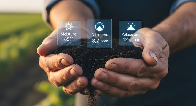 Farmer holding soil with digital augmented reality display showing moisture, nitrogen, and potassium levels