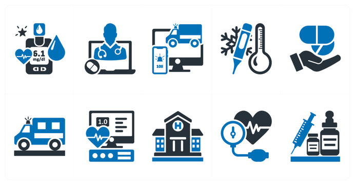 A set of 10 mix icons as glucose meter, online doctor, ambulance online
