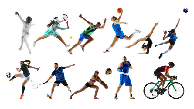 Multi sport athletes performing action moves in studio collage on white. Concept of sports diversity, cross training, professional performance, motion graphics assets and creative advertising use.