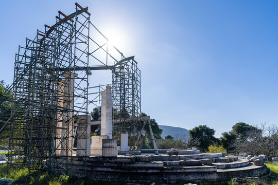 Restoration of the ancient Tholos of Epidaurus with scaffolding.