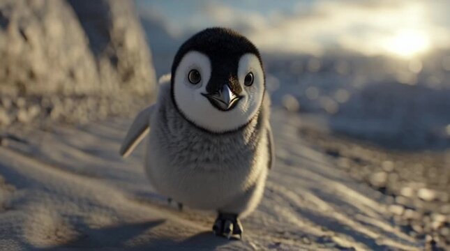 Adorable young penguin walking on sandy terrain with a dreamy, sunset background.