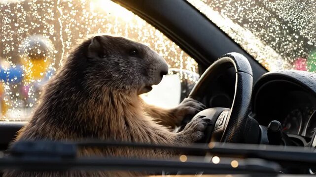 Marmot driving a car holding the steering wheel