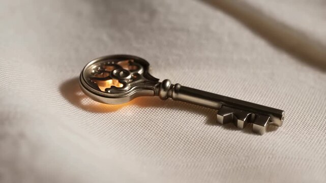 Vintage key resting on soft fabric, symbolizing unlocking potential and hidden opportunities. Perfect for themes of mystery and discovery