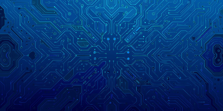 Abstract blue circuit board pattern with interconnected lines and hexagonal shapes