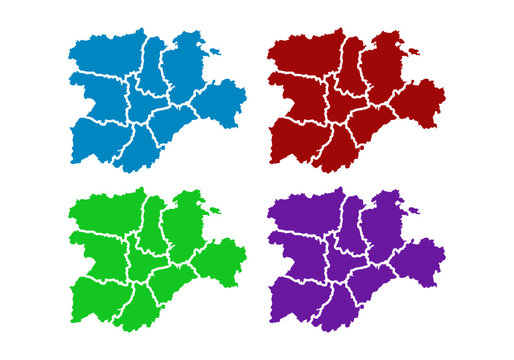 Conjunto de cuatro siluetas del mapa de castilla y le&oacute;n con divisiones provinciales en azul, rojo, verde y morado