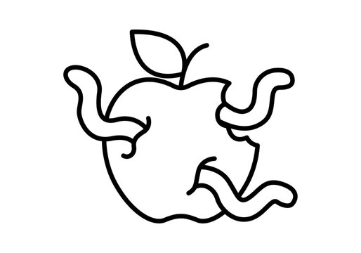Icono de manzana podrida con tres gusanos saliendo de su interior y mordisco lateral