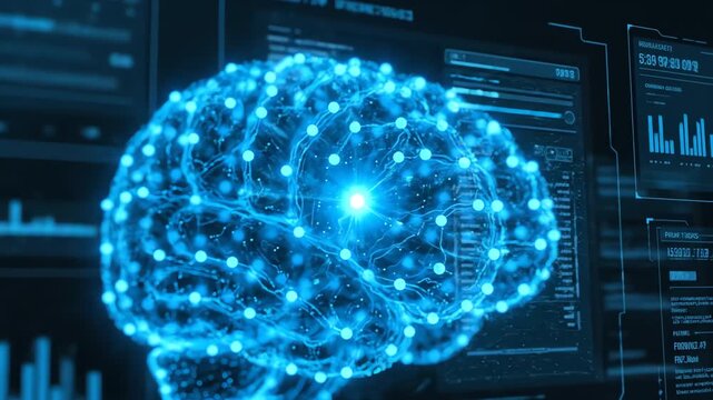 Glowing blue digital brain with nodes and connections on a dark background with graphs and charts.