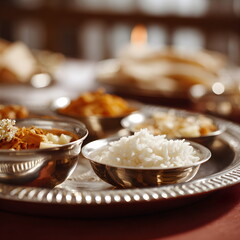 Traditional Indian thali with rice and assorted dishes on tray  