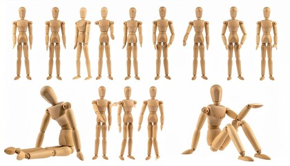 Twelve wooden artist mannequins arranged in two rows with varied stances symbolizing anatomy and expressive movement.