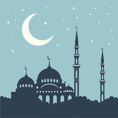 Islamic mosque silhouette at night with crescent moon and stars 2