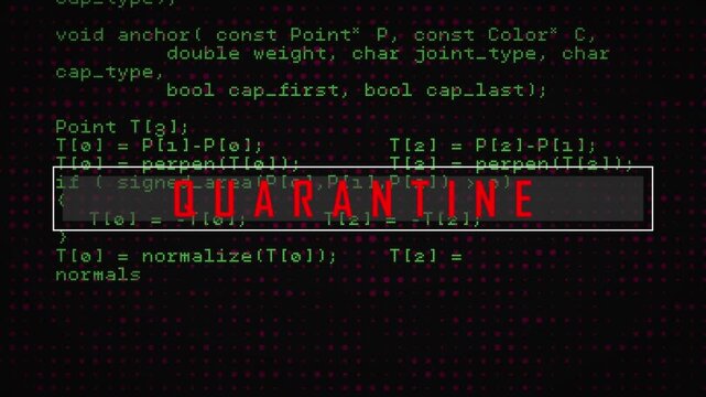 Unique digital video of quarantine text with computer coding in background