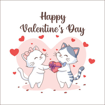 Charming Cat Couple Shares Heart Gift Box Celebrating Valentine's Day with Sweetness and Love