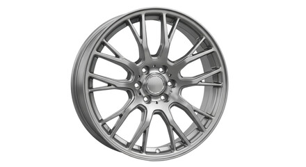 Silver car wheel rim with modern design, cut out, stock png, isolated on transparent background