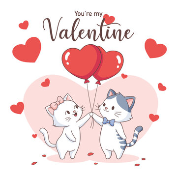 Cute Kitten Couple Holding Heart Balloons Valentine&rsquo;s Day Celebration