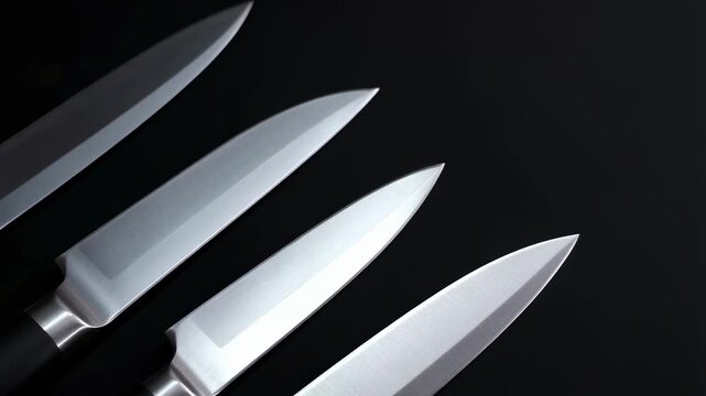 Close-up of professional kitchen knives arranged in a row on a dark background. Essential tools for culinary arts and gourmet cooking
