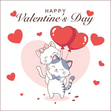 Adorable Cartoon Cats Valentine's Day Greeting Card Design with Heart Balloons