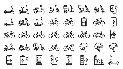 Naklejka premium Minimalist Vector Icon Set of Electric Scooters and E-Bikes for Urban Mobility. Includes Mopeds, Delivery Scooters, Battery Charging Stations, Safety Helmets, and Mobile App Interface Elements.