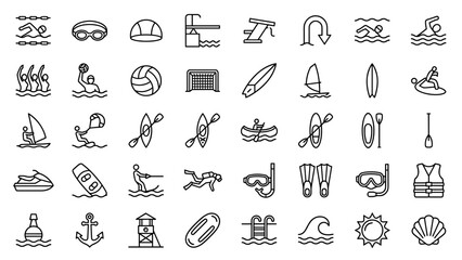 Obraz premium Comprehensive Set of Water Sports and Swimming Line Icons Featuring Surfing, Kayaking, Scuba Diving, Pool Equipment, Lifeguard Tower, and Aquatic Activities for Web, App, and Graphic Design.