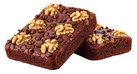 Rich dark chocolate brownies topped with whole walnuts and chocolate chips, presented on a white background.