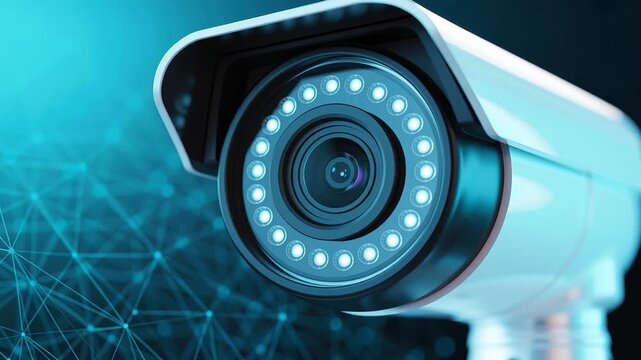 A close-up of a surveillance camera with LED lights against a digital backdrop.
