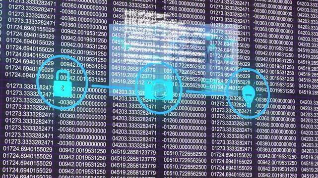 Purple light trails over computer code technology and binary coding data processing