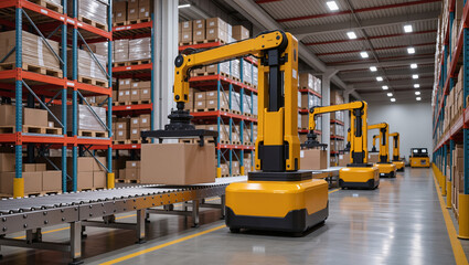 Fototapeta premium Robotic manipulators on mobile platforms operate along a conveyor line in a modern warehouse, handling cardboard boxes and illustrating automated logistics and storage systems