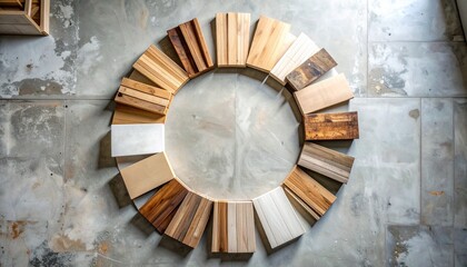 Obraz premium Circular wooden planks arranged in a decorative pattern on a concrete wall surface viewed from directly above