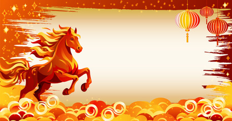 Chinese New Year fire horse, traditional red and gold elements, lanterns, decorative clouds, and copy space for text. Horizontal vector illustration.