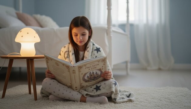 Girl reading fairy tales with night lamp in bright room with book open and gentle warm light