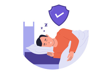 Person Sleeping Soundly with Protective Shield Shadow for Insurance Peace of Mind Illustration. Man sleeping peacefully in bed with a large protective shield shadow overhead